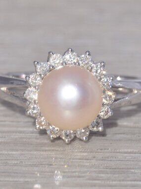 Vintage Pearl & Diamond Ring in 14k White Gold
